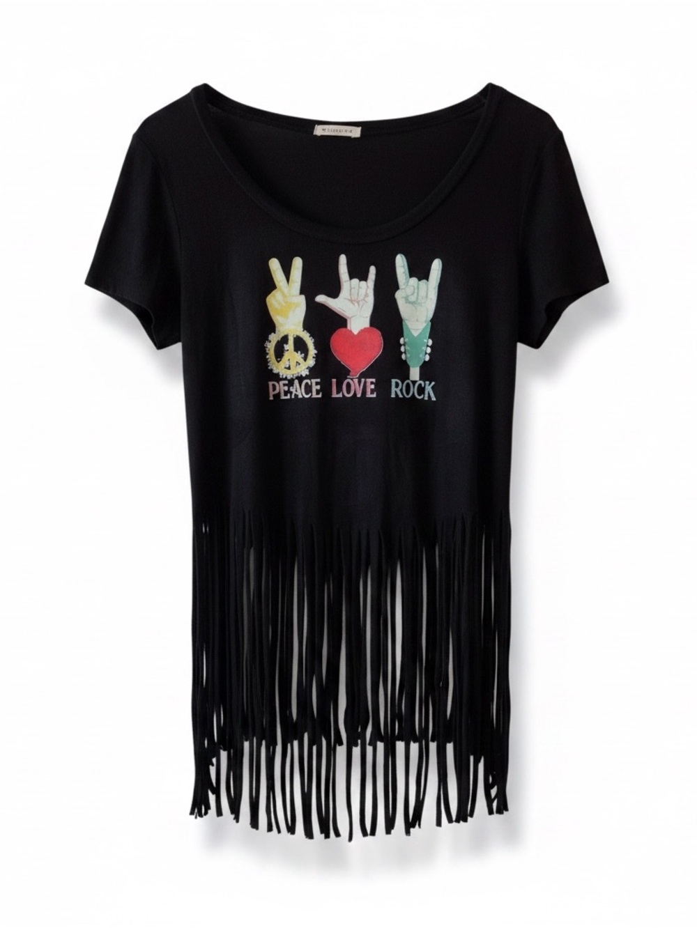 Peace Love Rock Graphic Tee with Fringe | Black | Size M | Handmade
